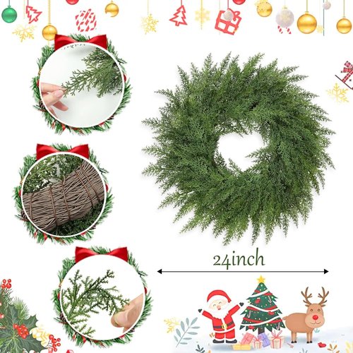 Lush Christmas Wreath - 24-Inch Real Touch Faux Cedar - Perfect for Indoor/Outdoor Holiday Decor