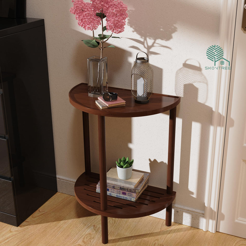 Skovtree End Table, Half Moon Side Tables, Living Room Half Round 2 Tier Tables, NightStand for Small Space in Living Room Bedroom, Couch Tables with Storage Shelf, Boho Side Table (Brown)