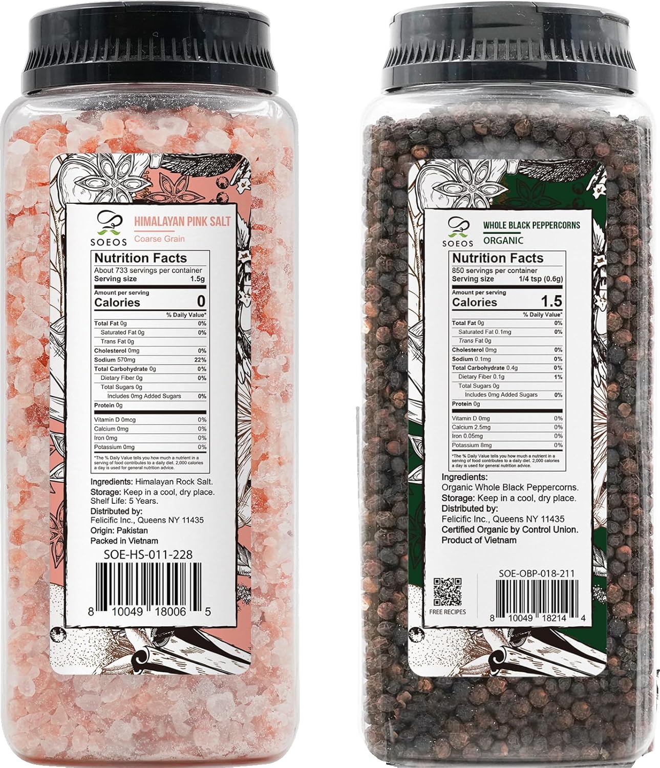 Soeos Himalayan Pink Salt Coarse 39 oz | Organic Black Peppercorns 18 oz - Non-GMO Spice Set for Cooking