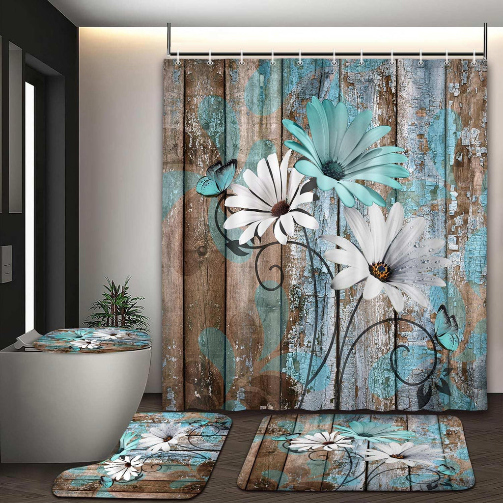 JAWO 4 Piece Teal Daisy Flower on Rustic Wooden Plank Country Style Shower Curtain Sets with Non-Slip Rugs, Toilet Lid Cover and Bath Mat, Shower Curtain with 12 Hooks