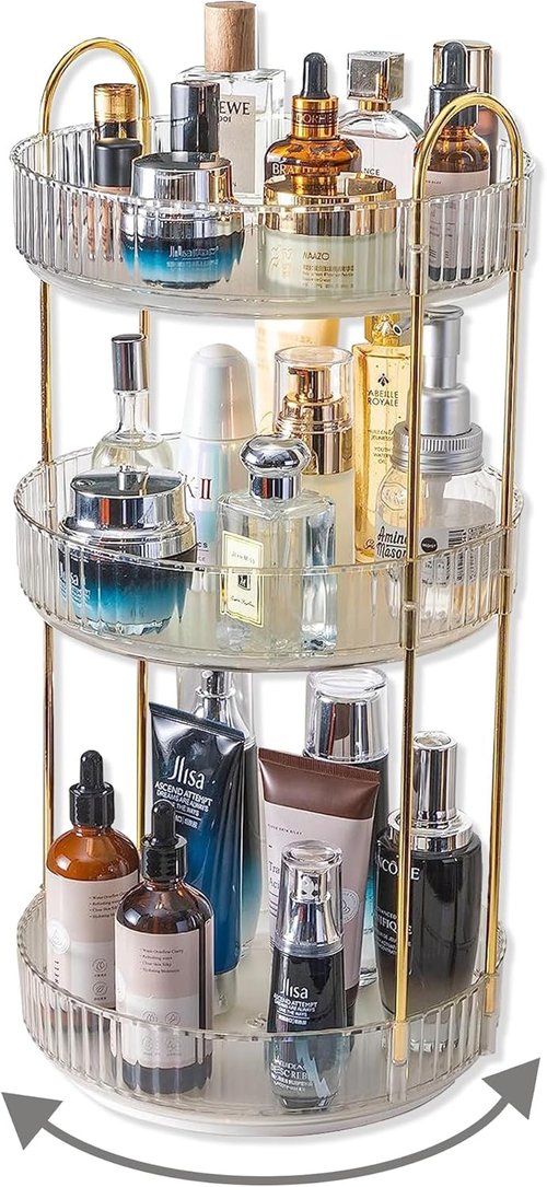 Asayuee 360 Rotating Makeup Organizer - Large 3-Tier Storage for Skincare & Cosmetics | Clear Finish