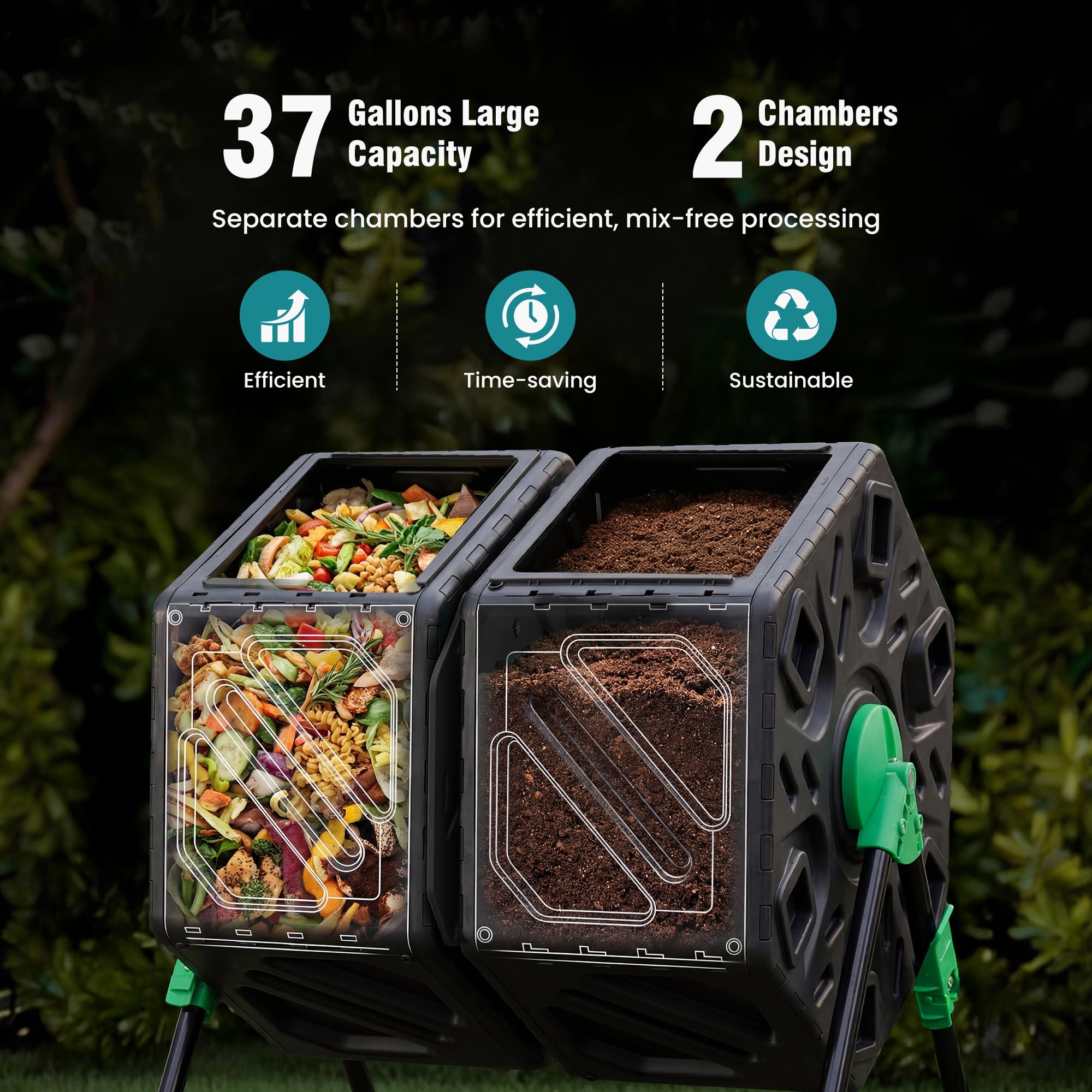OLIXIS Compost Bin Outdoor 37 Gallon, Separated Dual Chamber Composter Tumbler Outdoor with Gloves, Efficient 360°Rotating Composting Bin for Patio, Lawn, Home Gardening and Landscape, Green
