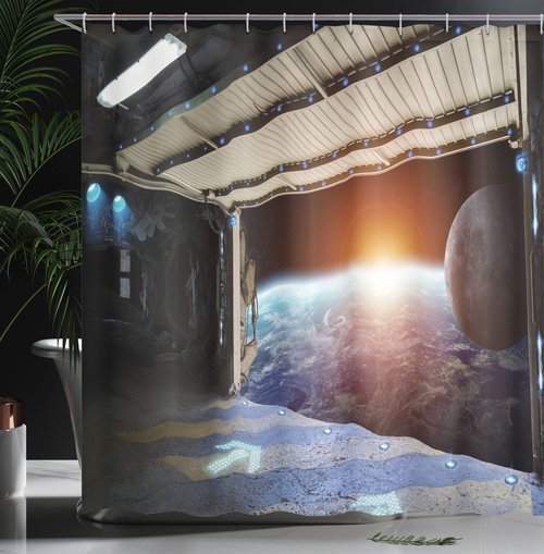 Ambesonne Outer Space Shower Curtain, Earth Scene from a Space Plane Runway Globe Galaxy up to Stars Sci-Fi Picture, Cloth Fabric Bathroom Decor Set with Hooks, 69" W x 84" L, Marigold Blue