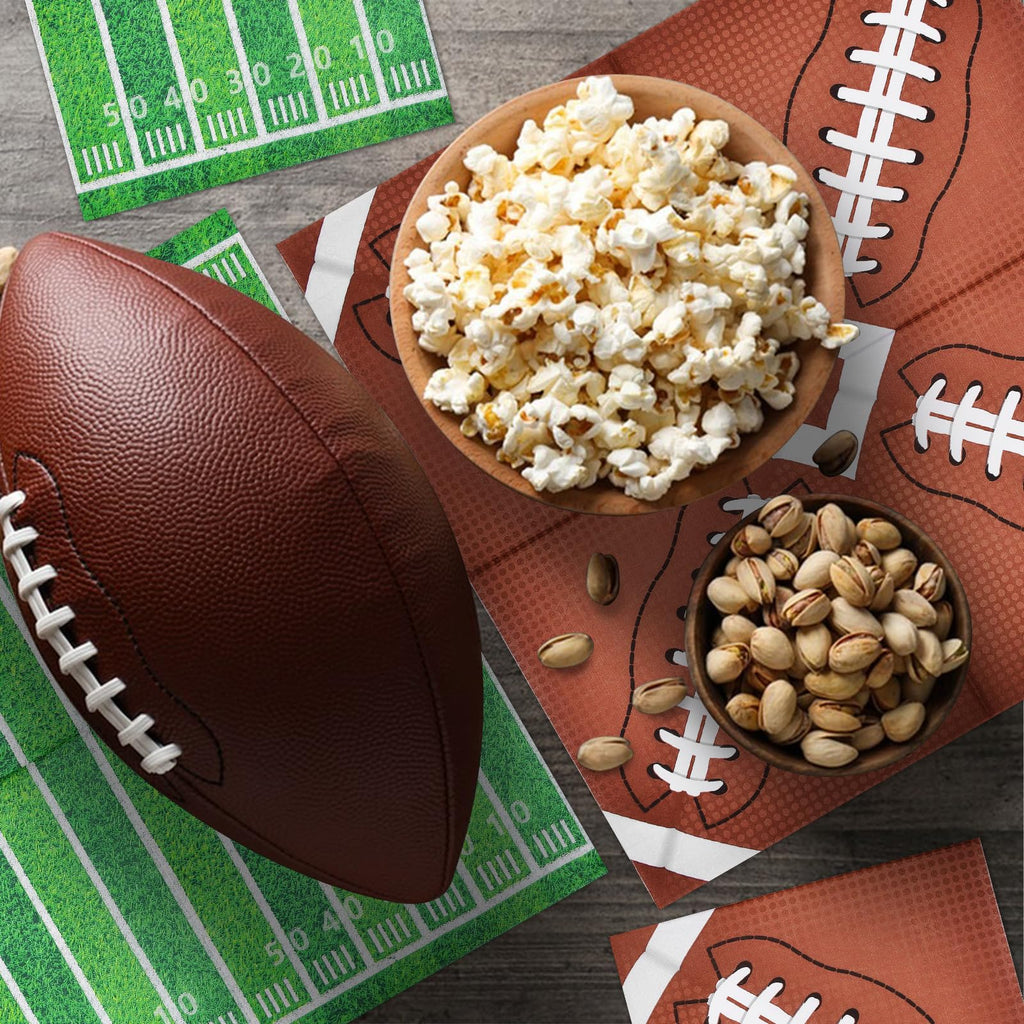 80 Count Football Paper Napkins - 2 Pattern 13 x 13 Inches Disposable Beverage Cocktail Napkins with Sports Ball and Field Designs for Tailgate Parties, Birthdays, and Sports Events