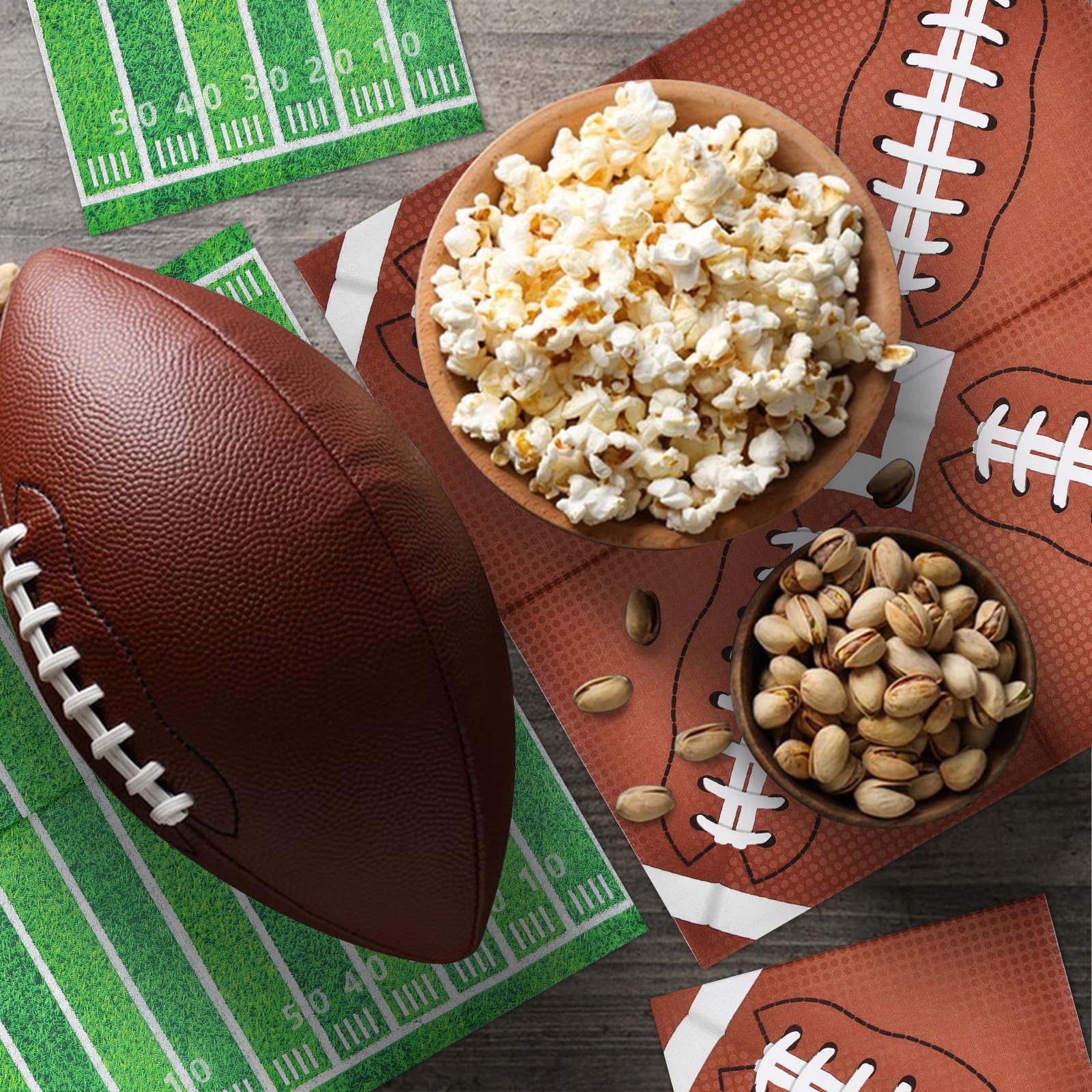 80 Count Football Paper Napkins - 2 Pattern 13 x 13 Inches Disposable Beverage Cocktail Napkins with Sports Ball and Field Designs for Tailgate Parties, Birthdays, and Sports Events