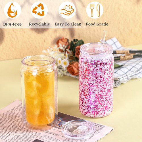Maucircol 16 Oz Acrylic Snowglobe Tumbler Cup Supplies, 8 Pack Pre-Drilled Double Wall Plastic Snowglobe Tumbler Starter Kit Including Funnel Squeeze Bottle Funnel