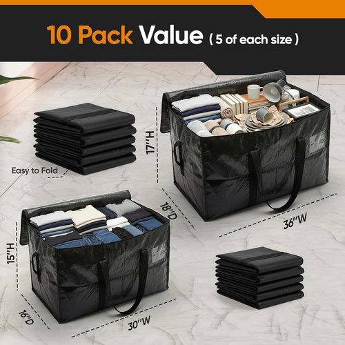 HOLDN’ STORAGE Extra Large Moving Bags - 10-Pack Heavy-Duty Reusable Totes with Zipper Lids | 30 & 45 Gallon