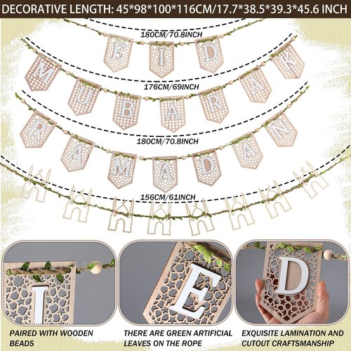 Marsui 4 Pcs Ramadan Eid Mubarak Wood Bead Garland Eid Mubarak Ramadan Hanging Banner Garland Farmhouse Wooden Rustic Neutral Hanging Decor for Party Fireplace Home Wall Sign Decoration