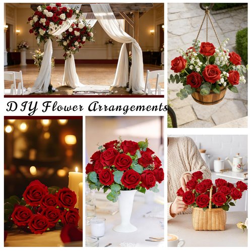 uehdydh 12 Pcs Red Roses Artificial Flowers, Real Touch Fake Velvet Flowers with Stems in Bulk for DIY Home Decor, Wedding, Party, Mother's/Valentine's Day Gifts
