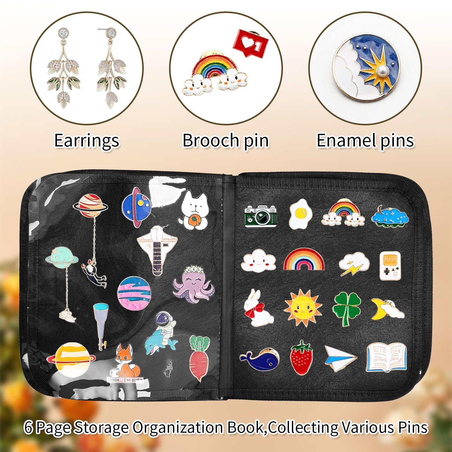 BOHEMIABY Enamel Pin Display Book, Small Collections Travel Pin Trading Book, Brooch Pin Lover Collector Bag, 6-Page Lapel Pin Display Board with Protective Film, Handles and Shoulder Strap, Black