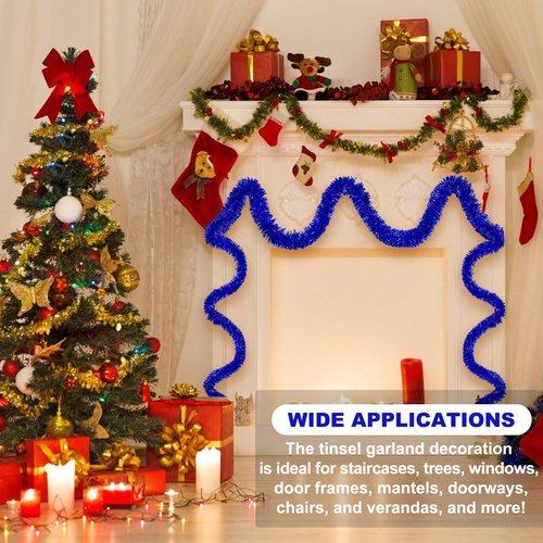 25 Feet Blue Christmas Tinsel Garland, Metallic Foil Twist Banner Wall Hanging Tinsel Streamers Backdrop for Parade Floats, Christmas, Mother's Day, Birthday Party Decorations(4in x 25ft)