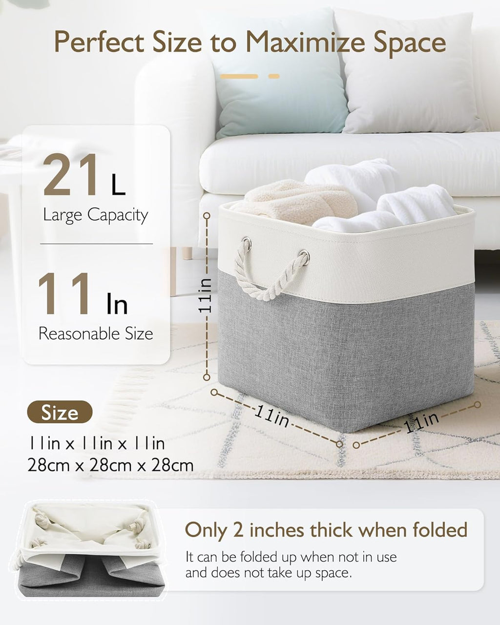 Patvingot 11-Inch Cube Storage Bins - 6 Pack Fabric Organizer Baskets with Rope Handles | White/Gray