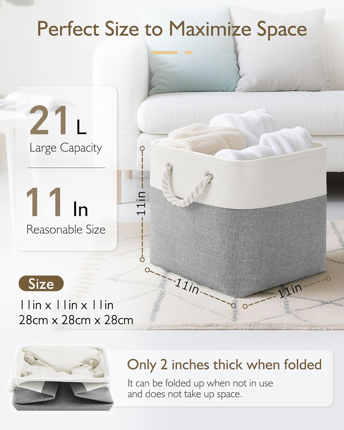 Patvingot 11-Inch Cube Storage Bins - 6 Pack Fabric Organizer Baskets with Rope Handles | White/Gray