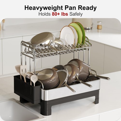 Extra Large Two Tier Stainless Steel Dish Drainer Drying Rack with Drainboard for Kitchen Counter, Modern Black and Silver, Rust Proof Metal, Space Saving Double Countertop Big Plates Dryer and Tray