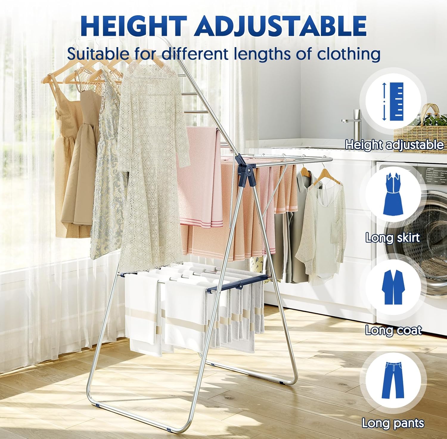 APEXCHASER Stainless Steel Clothes Drying Rack - Height-Adjustable & Foldable Gullwings for Indoor/Outdoor Use