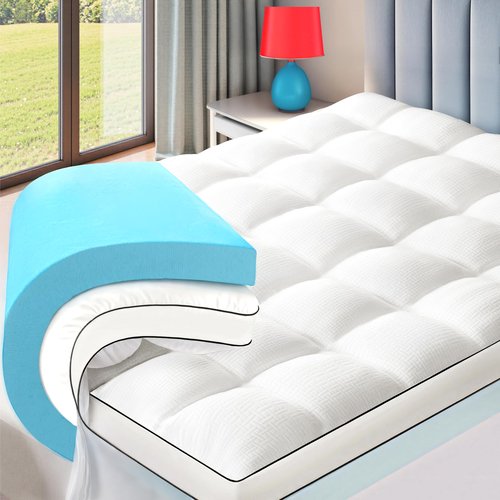 4 Inch Dual Layer Memory Foam Mattress Topper for Pressure Relief and Back Pain, 2" Gel Memory Foam and 2" Cooling Pillow Top Mattress Pad Cover, Medium Support, King Size