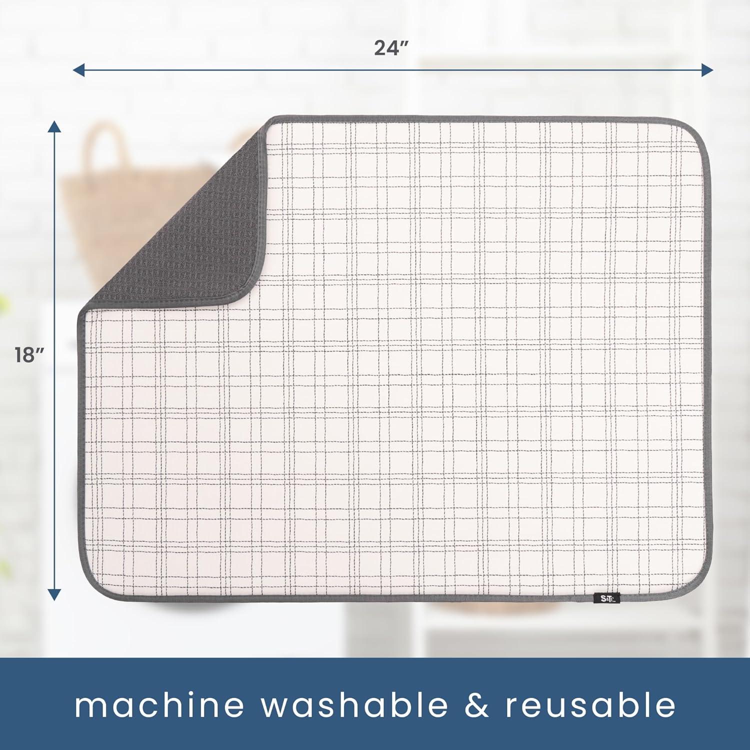 S&T INC. XL Dish Drying Mat - Absorbent Microfiber Kitchen Counter Pad | 18” x 24” Stitched Plaid