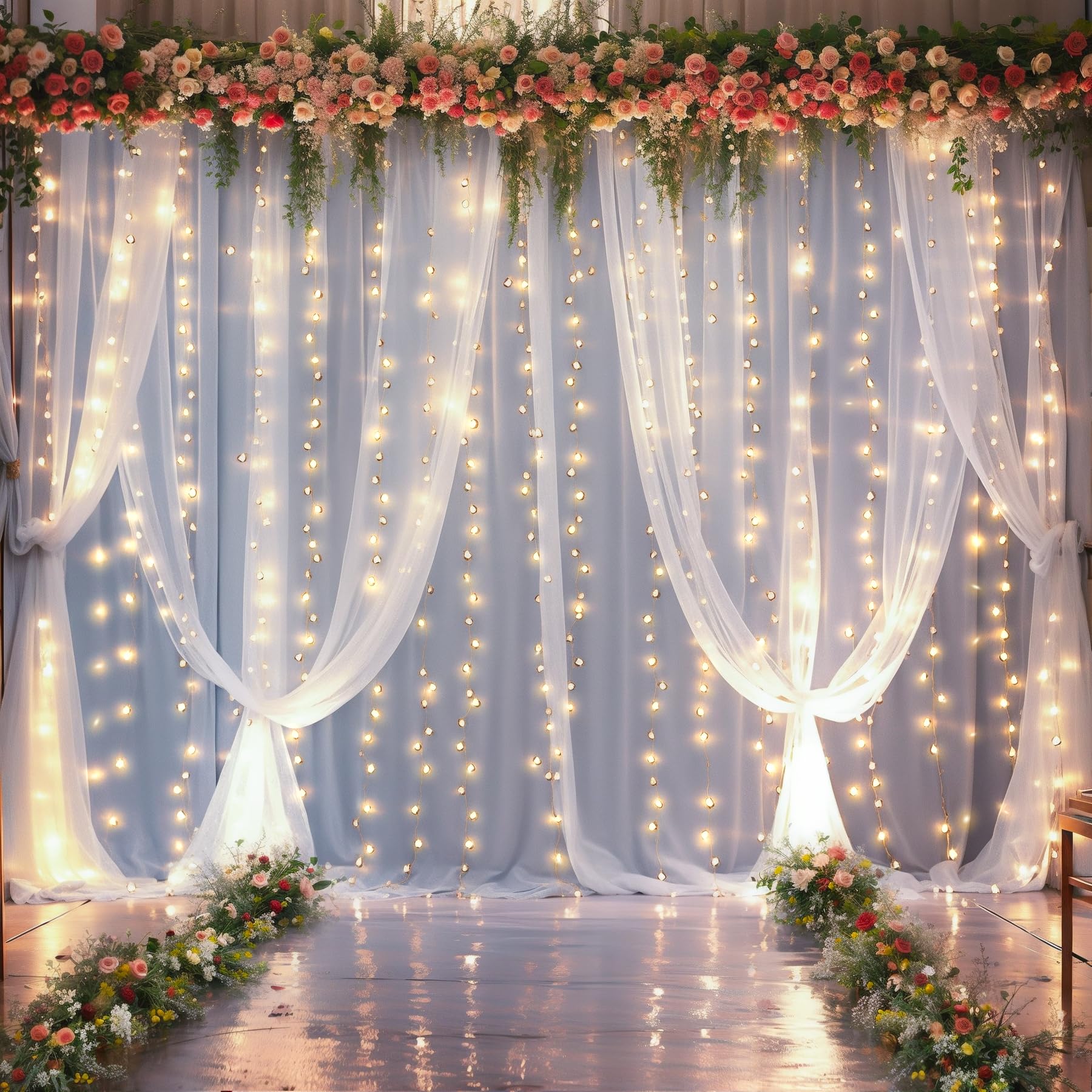10FT x 7FT White Sheer Curtains with Lights String Tulle Curtain for Living Room Bedroom Parites Wedding Birthday Decorations 2 Panels 60" Wｘ84 L