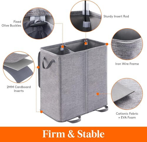 Lifewit Double Laundry Hamper - Large 136L Collapsible Basket with Lid & Removable Bags | Gray