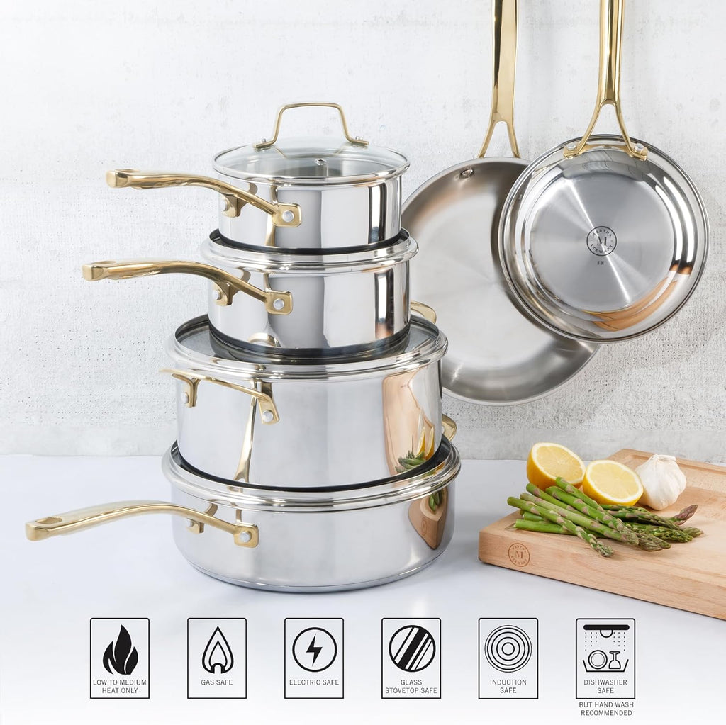 Martha Stewart Castelle 10-Piece Stainless Steel Cookware Set | Durable, Induction Safe, Non-Toxic - Gold Handles