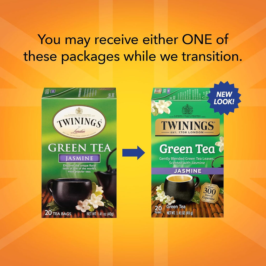 Twinings Green Tea - Fragrant Jasmine Flavor, Individually Wrapped, 20 Teabags for Hot or Iced Enjoyment