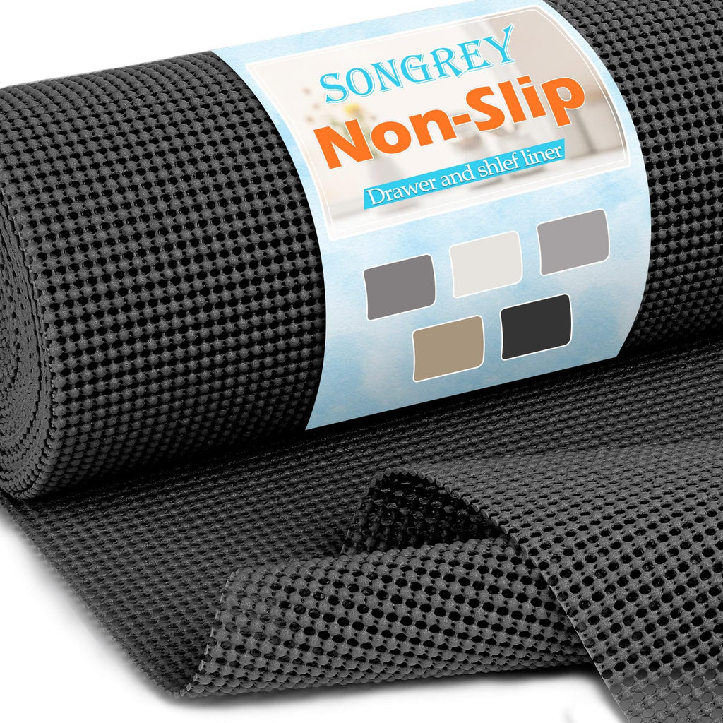 Songrey Non-Adhesive Drawer and Shelf Liner, Non Slip Cabinet Liners, Protect Kitchen Cupboard, Bathroom Drawers, Breathable, Thick Strong Grip mat (12IN x 20FT, Black)