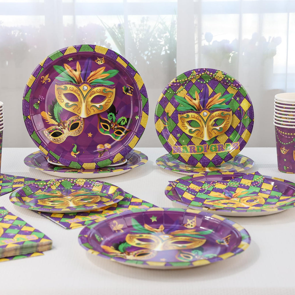 Arosche Mardi Gras Decorations Party Supplies Set for 24-Disposable Paper Plates and Napkins, Cups, New Orleans Masquerade Beads Holiday Tableware Party Decorations for Fat Tuesday Party Table Decor