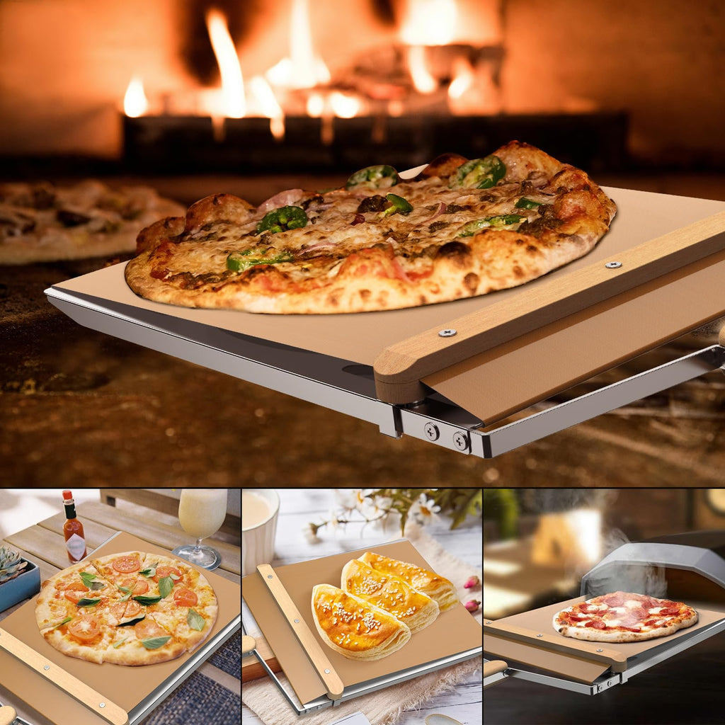 KHKJROS Non-Stick Sliding Pizza Peel 16" & 22x13 Metal Board, Bamboo Paddle w/Detachable Handle & Free Pizza Cutter for Beginners, Outdoor Oven Baking