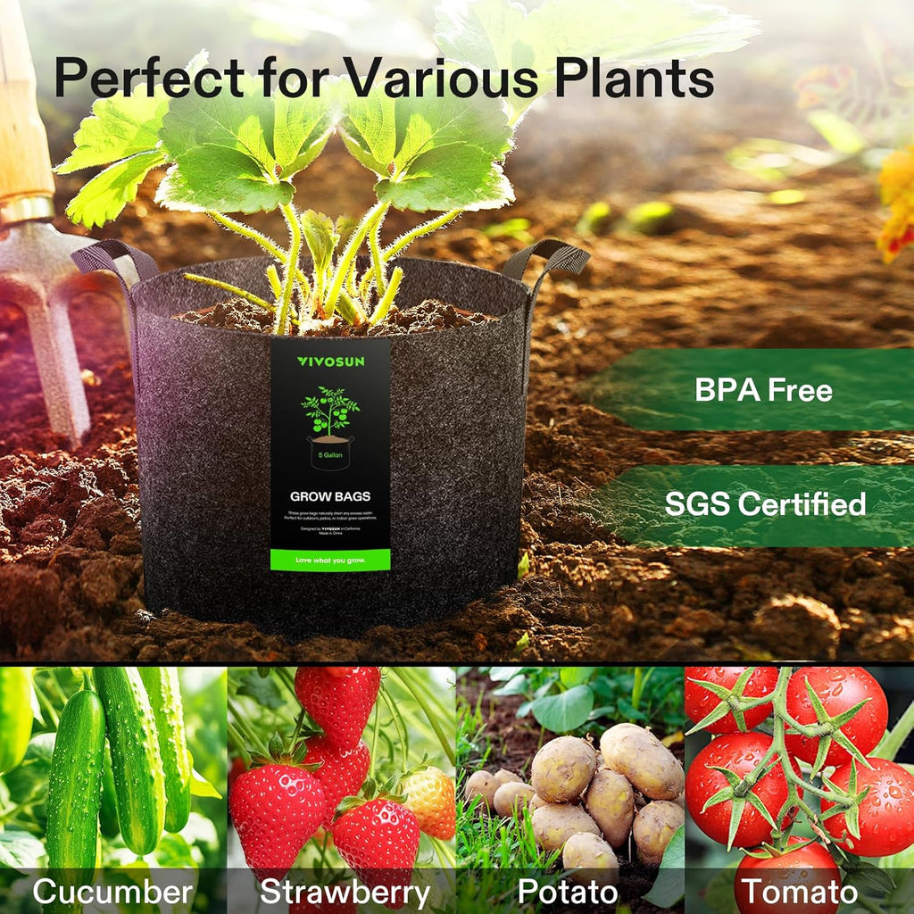VIVOSUN 20-Pack 5 Gallon Grow Bags - Heavy Duty Nonwoven Fabric Pots with Handles for Plants | Black