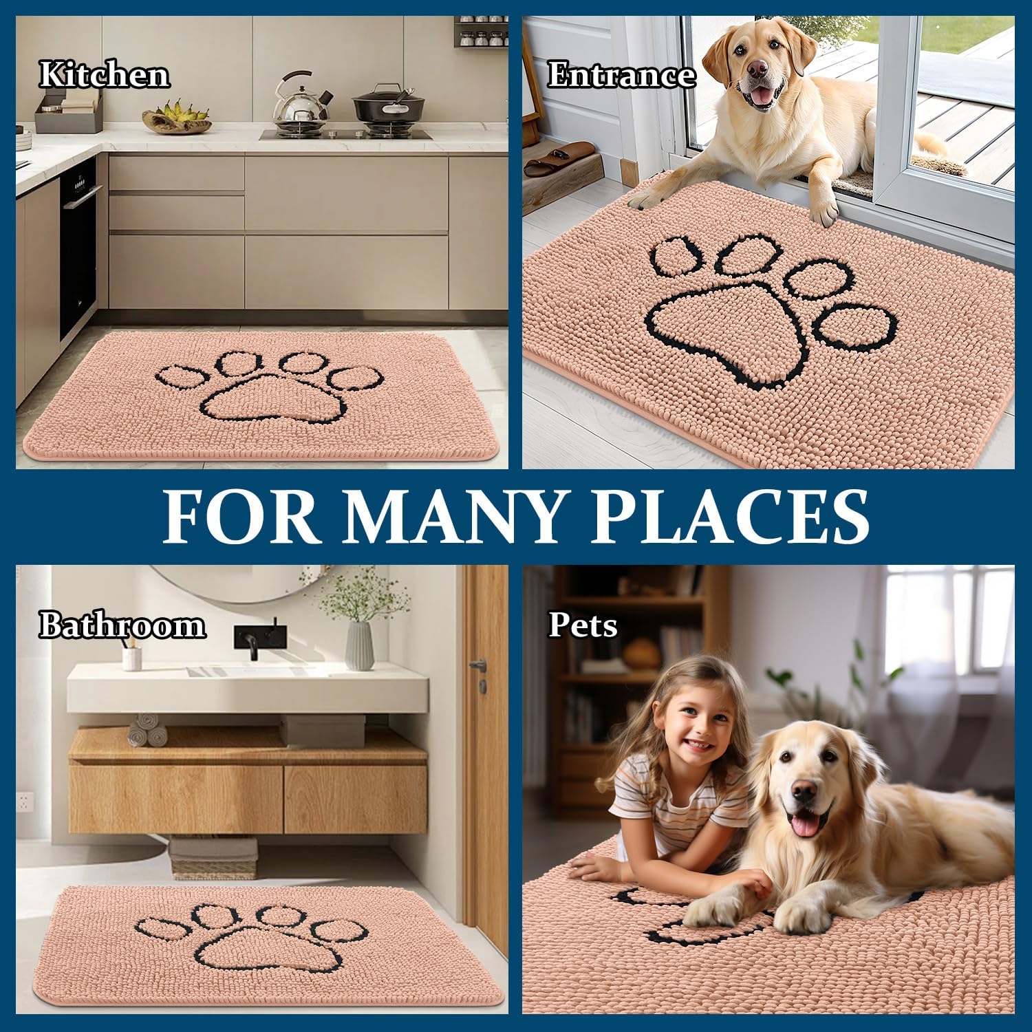 OLANLY Dog Door Mat - Absorbent Non-Slip Mud Mat for Paws | 36x24, Quick Dry Chenille, Peach
