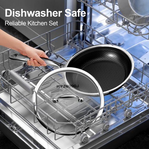 FogDream Non Stick Frying Pans Set, 10 & 11 Inch Stainless Steel Pans with Lids Tri-Ply Stainless Steel Pots and Pans Set for All Cooktops, Dishwasher & Oven-Safe Cooking Pan, Stay-Cool Handle, Silver