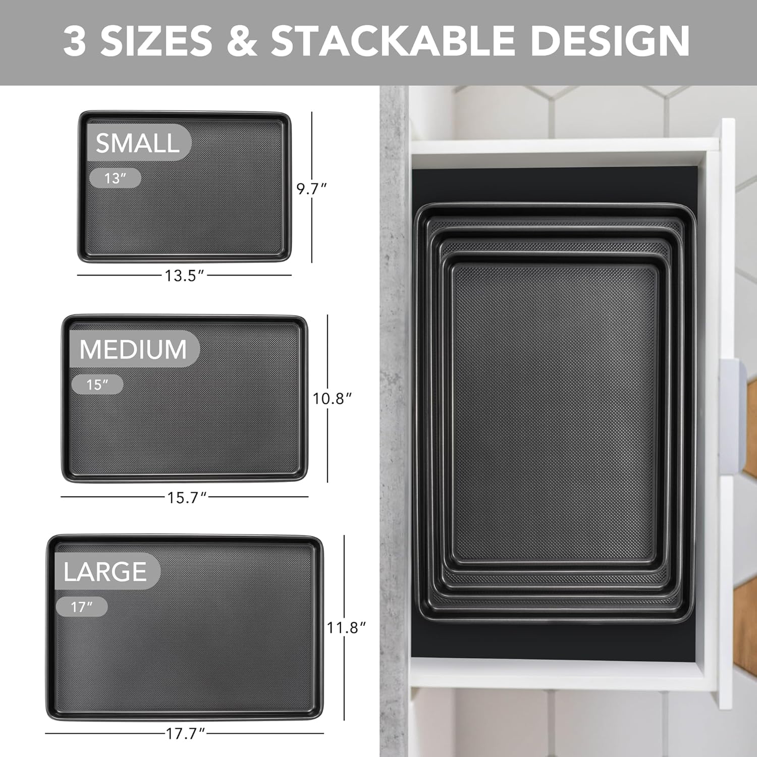 Tiawudi Baking Sheet Pan Set - Heavy Duty Nonstick Cookie Sheets | 0.8mm Carbon Steel, Set of 3