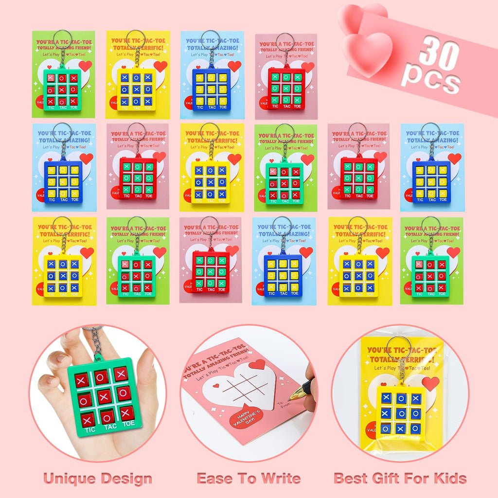 Sundrence Valentines Day Gifts for Kids Classroom - 30 Pack Tic Tac Toe Game Keychain Valentine for Kids Class, Tic Tac Toe Valentines Day Cards for Party Boys Girls, Gifts for Classroom Exchange