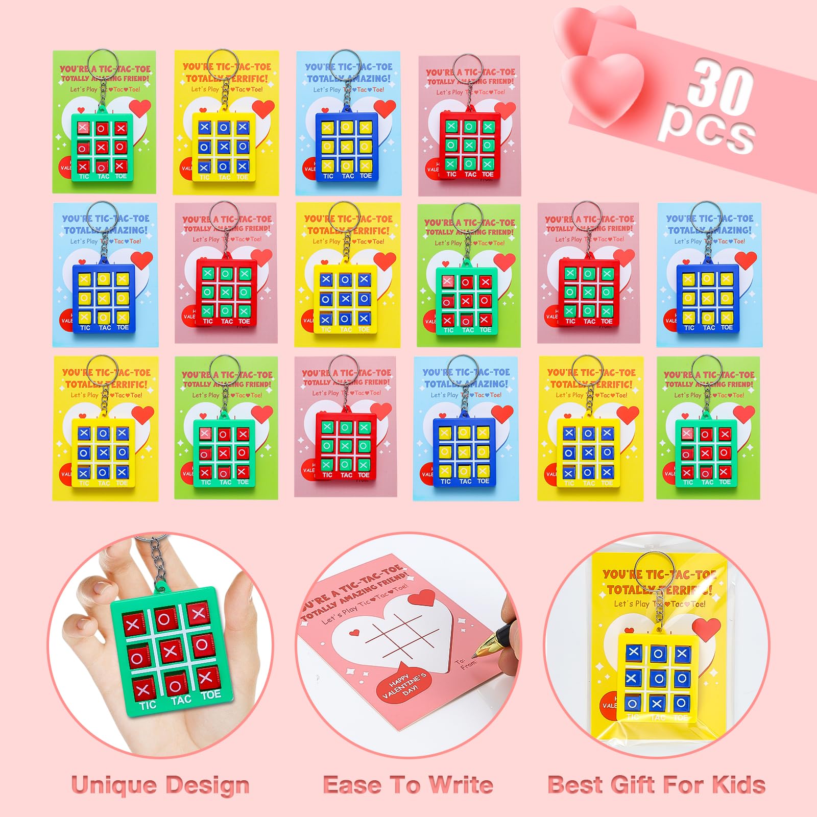 Sundrence Valentines Day Gifts for Kids Classroom - 30 Pack Tic Tac Toe Game Keychain Valentine for Kids Class, Tic Tac Toe Valentines Day Cards for Party Boys Girls, Gifts for Classroom Exchange