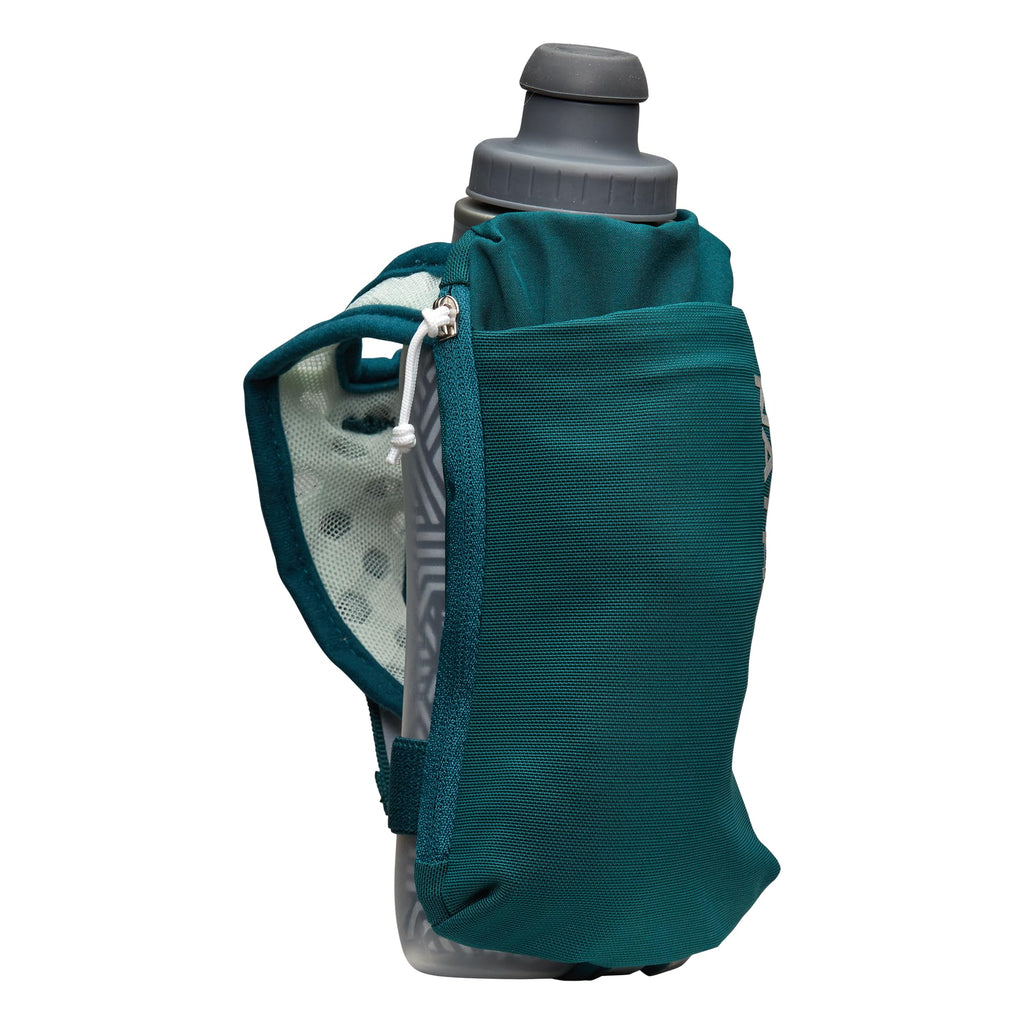Nathan SpeedDraw 2 Insulated Handheld Running Water Bottle Flask – Double-Wall Insulation, Ergonomic Grip, Blast Valve Cap, Phone & Key Storage Pockets, Reflective Design, 12oz Insulated - Deep Teal