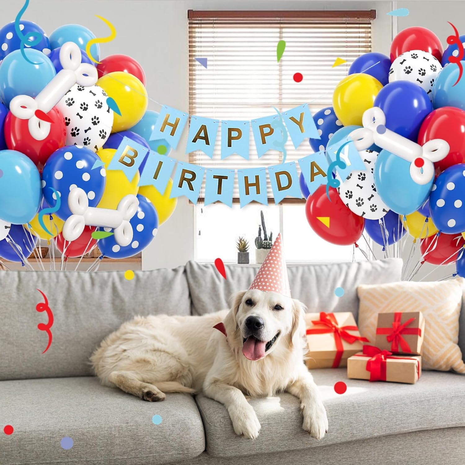 Skiennix 12-Inch Dog Balloons - 60 Pack in Royal Blue, Light Blue, Yellow & Red Paw Print for Puppy Birthday Party Decor
