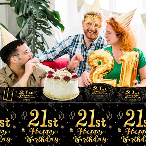 41Pcs Black and Gold 21st Birthday Decorations Disposable Tableware Set: Plates, Napkins, and Tablecloth 21st Birthday Party Supplies for Men Women Serves 20 Guests