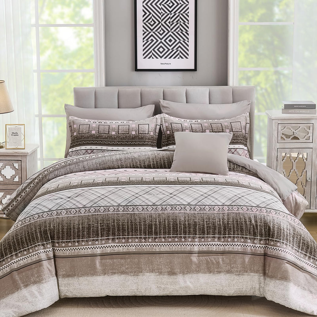 WONGS BEDDING Queen Size Comforter Set 8 Piece, Texture Striped Bed in a Bag Brown Comforter and Sheet Set, Boho Lightweight Microfiber Bedding Set for All Season (90"×90")