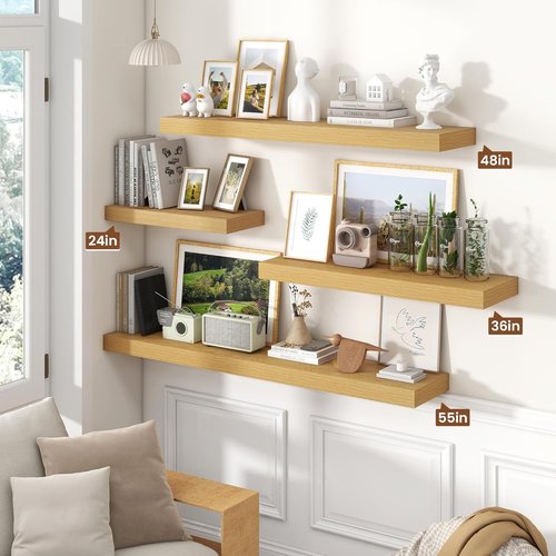 Heimlove 16-Inch Floating Shelves - Wall-Mounted Oak Wood Shelves for Bathroom, Bedroom & Office | Set of 2