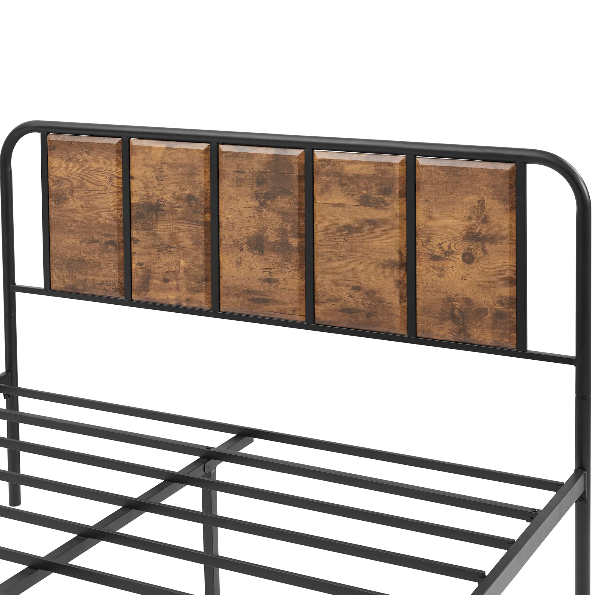 VECELO Queen Size Bed Frame Metal Platform with Wood Headboard,Sturdy Steel Slats Support/Matress Foudation/No Box Spring Needed(Brown)
