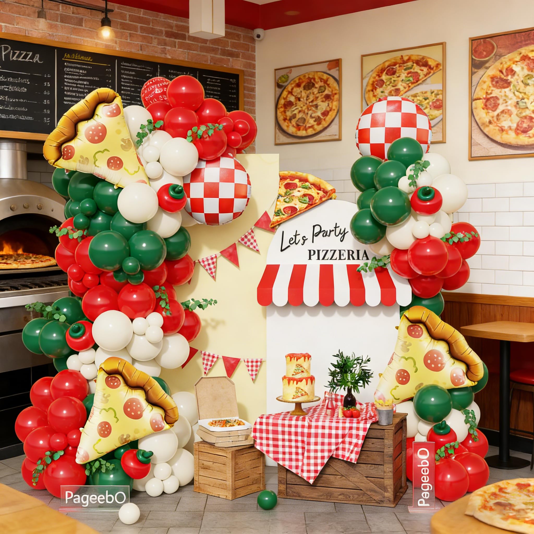 PageebO Pizza Party Decorations，150PCS Red Green Ivory White Balloons with Pizza Checkered Balloons for Pizza Party Favors BBQ Picnic Birthday Party Decorations Slice Slice Baby Shower Home Decor