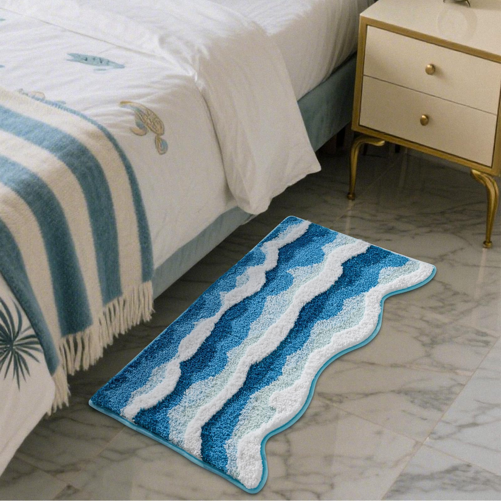 Moutina 3D Ocean Wave Bathroom Rugs Blue 21x32 Inch, Soft and Absorbent Tufted Beach Bath Mat Non Slip Washable, Coastal Nautical Decor for Bathroom Bedroom