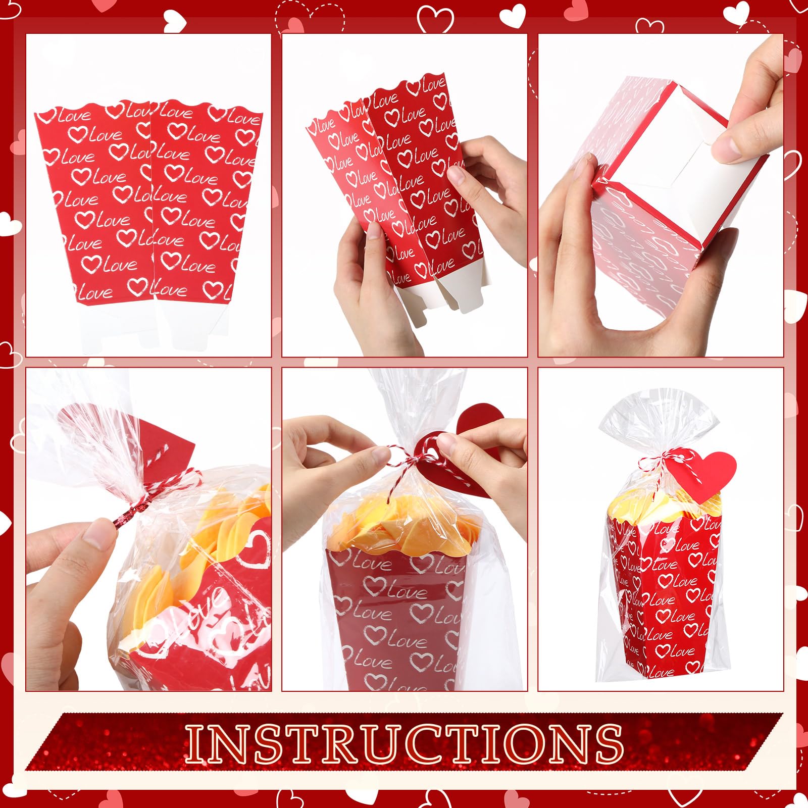 Gueevin 144 Pcs 48 Set Valentine's Day Popcorn Boxes Valentines Party Favor, Valentines Popcorn Boxes Red Pink Heart Cookie Gift Bucket with Bags, Ribbon and Card for Valentine Galentine Home Movie