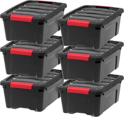 IRIS USA 13 QT Plastic Storage Box - BPA-Free, Durable Nestable Containers with Lids - Black | 6 Pack