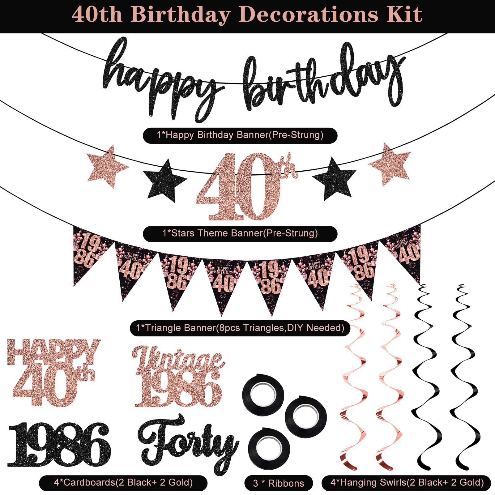 12PCS 40th Birthday Decorations for Women, Rose Gold Vintage 1986 Happy 40th Birthday Banner Triangle Flag Banner Glitter Hanging Swirls Party Supplies, Cheers to 40 Years Old Bday Decor