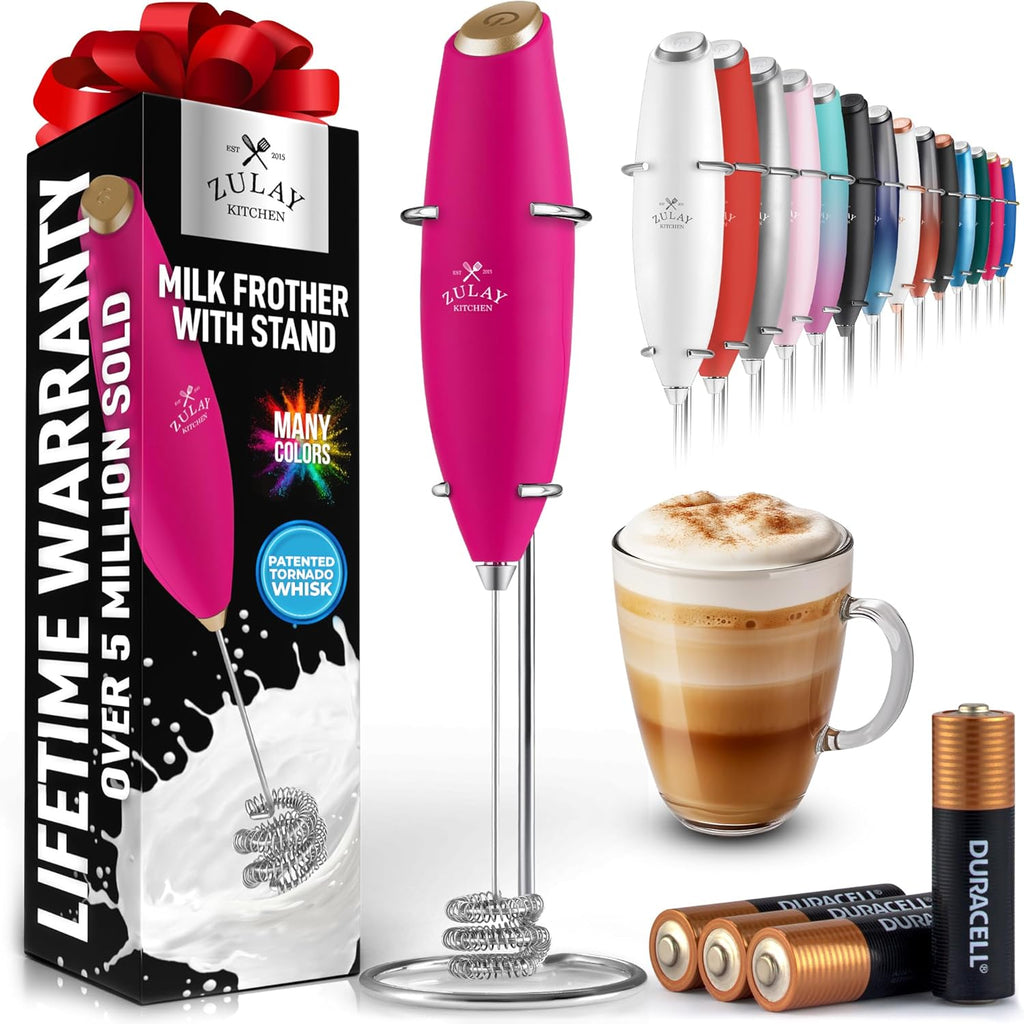 Zulay Kitchen Tornado Triple Whisk Milk Frother - Handheld Foam Maker for Coffee & Lattes - Pink & Gold