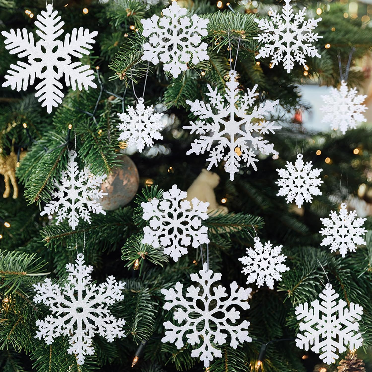 NEWMIAO Snowflake Ornaments - 36pcs Glitter Plastic Decorations in 5 Patterns for Winter Wonderland Decor
