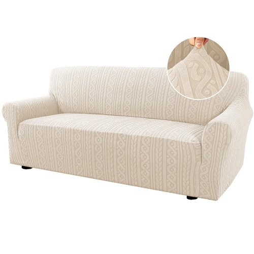 H.VERSAILTEX Sofa Cover 1 Piece Stretch Sofa Slipcovers Non Slip Sofa Cover with Elastic Bottom Washable for Kids, Pets Upgrade Thick Jacquard Fabric with Spiral Pattern(75"-85", Ivory)