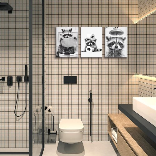 DCMVJHZV Funny Bathroom Wall Art - Cute Raccoon Canvas Prints | Modern Black & White Decor (12"x16", 3 Pcs)