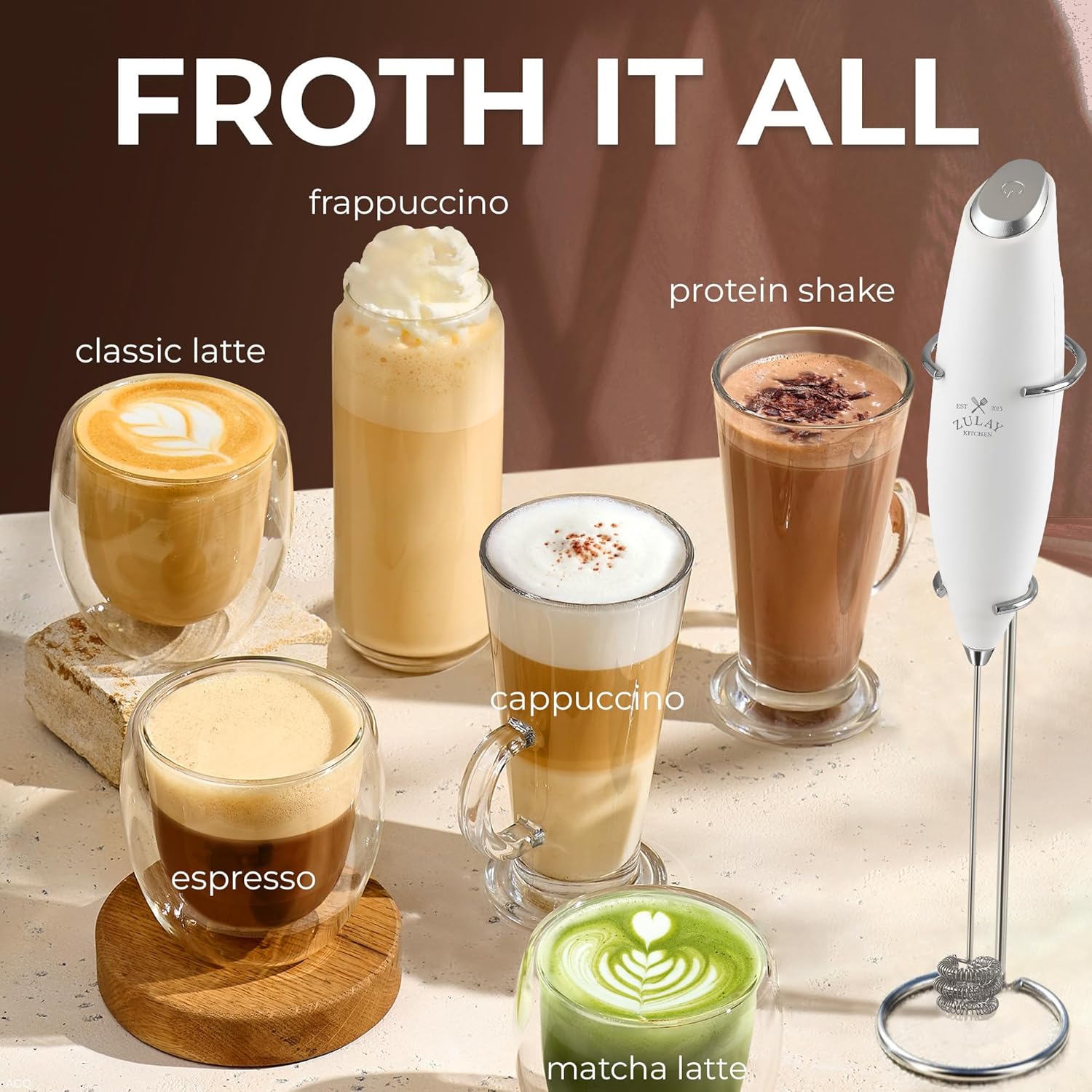 Zulay Kitchen Tornado Triple Whisk Milk Frother - Handheld Foam Maker for Coffee & Lattes - Blizzard White with 4 Duracell Batteries